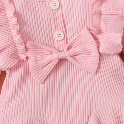 Newborn Baby Girls Clothes Set – Pink Ruffle Top & Heart Print Bow Trousers, Princess Casual Outfit for Infants