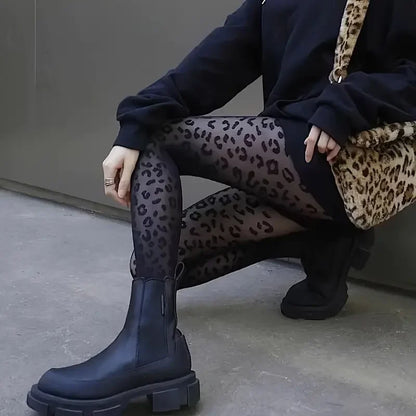 Vintage Women’s Sheer Silky Pantyhose, Gothic Black Leopard Print Transparent Tights, Seamless Sexy Animal Pattern Stockings