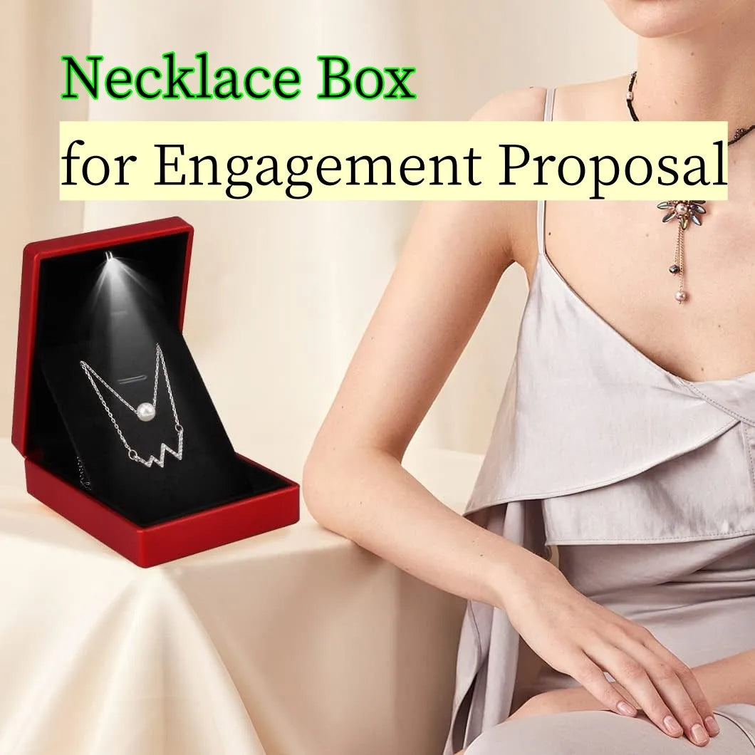 Pendant Box with LED Light - Velvet Jewelry Case, Square Shaped Gift Box for Engagement and Proposal Necklaces