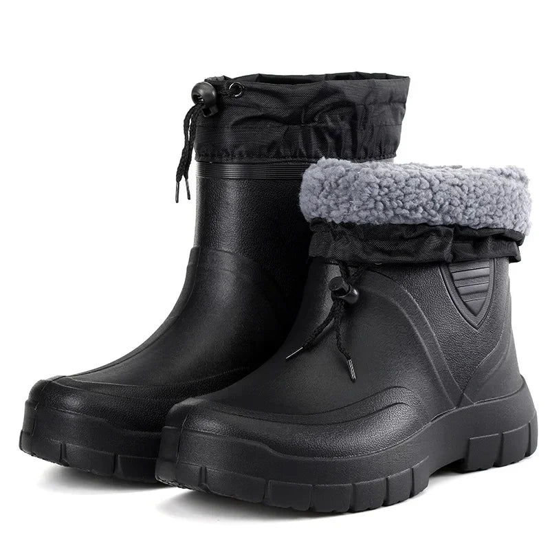 Winter Windproof Cotton Rain Boots for Men, Warm Waterproof Ankle Rain Shoes, Slip-On Fashion Work Boots, 2024