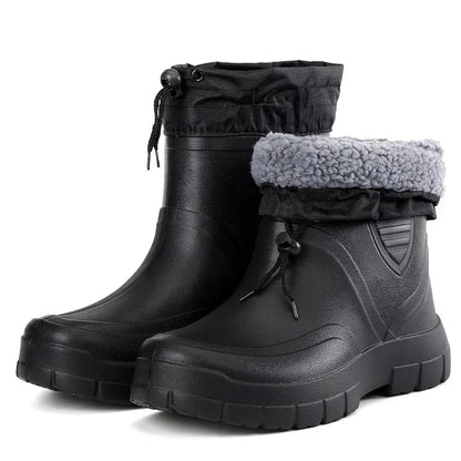 Winter Windproof Cotton Rain Boots for Men, Warm Waterproof Ankle Rain Shoes, Slip-On Fashion Work Boots, 2024
