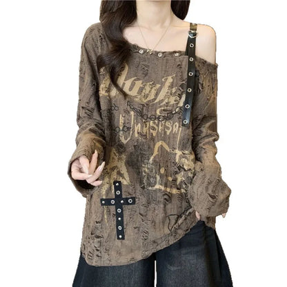 Oversized Women’s V-Neck T-Shirt - Loose Faded Off-Shoulder Long Sleeve Casual Top
