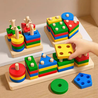 Montessori Wooden Building Blocks – Early Learning Educational Color & Shape Puzzle Toys for Kids