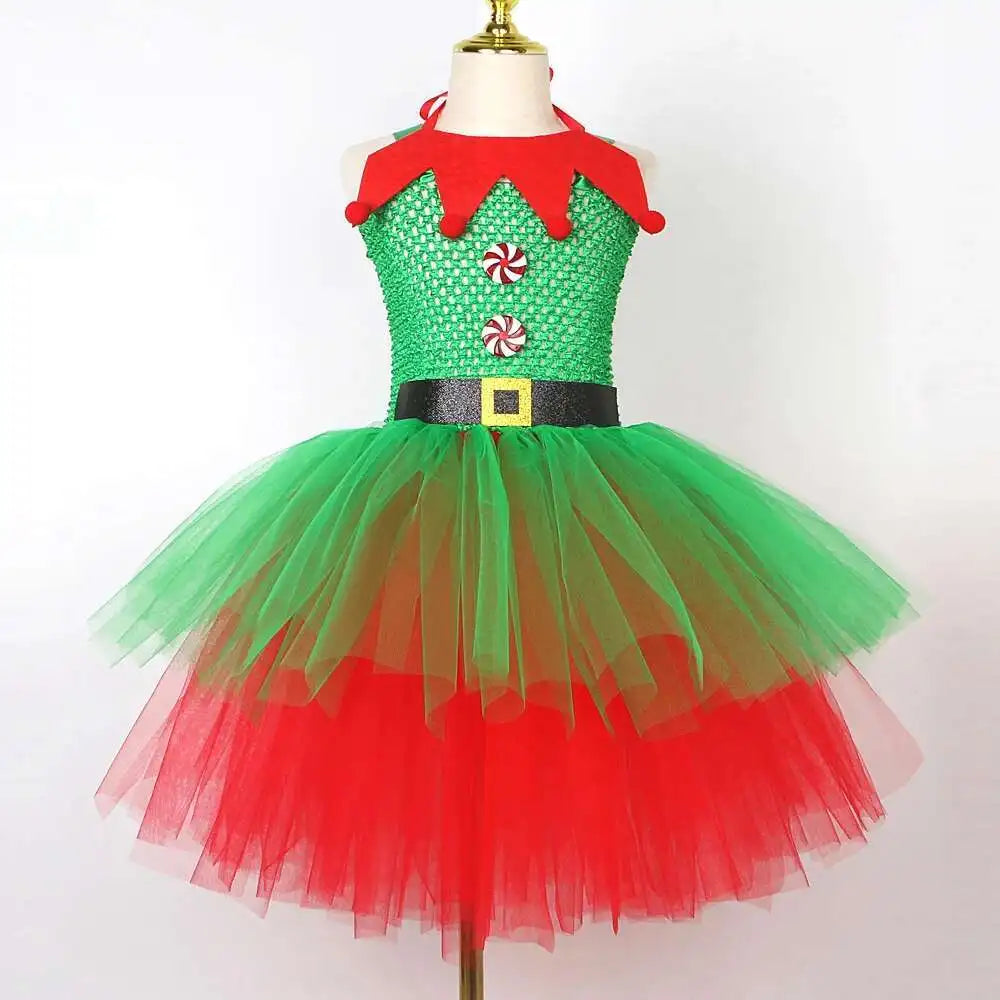 Red & Green Christmas Elf Costumes for Girls – Kids Xmas Fairy Dresses with Hat and Socks, New Year Festival Outfit