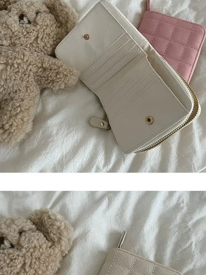 Women’s Small PU Leather Zipper Wallet with Coin Purse – Cute Plaid Mini Korean Card Holder, New Arrival