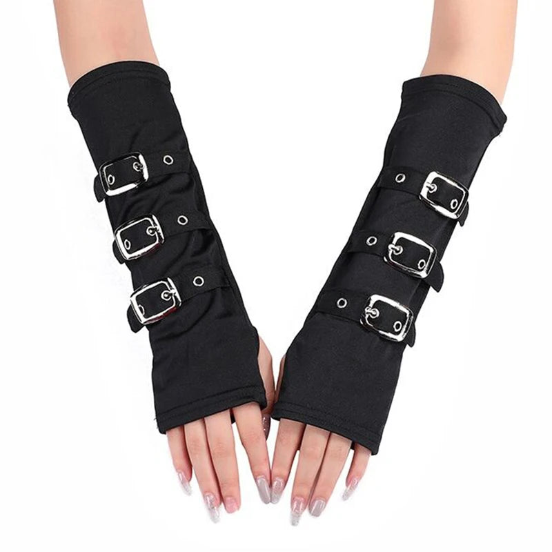 Women’s Punk Rivet Fingerless Gloves – Gothic Hip Hop Half Finger Wrist Mittens with Eyelet Ribbon, Harajuku Party & Streetwear Elbow Gloves
