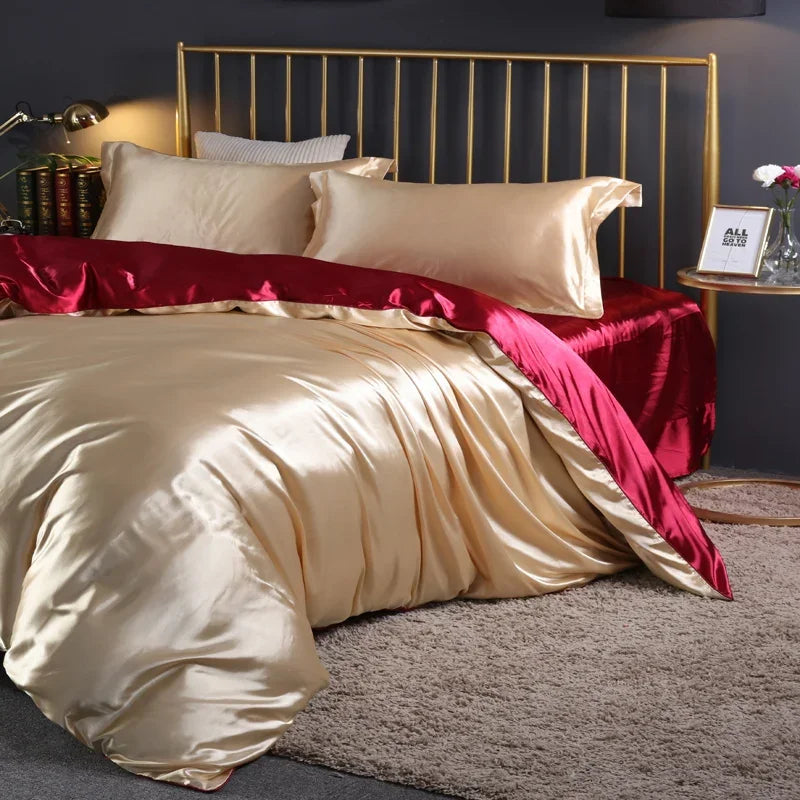 Silk Bedding Set With Duvet Cover - Luxury Satin Bed Sheet Pillowcase Set Solid Color King Queen Twin Size