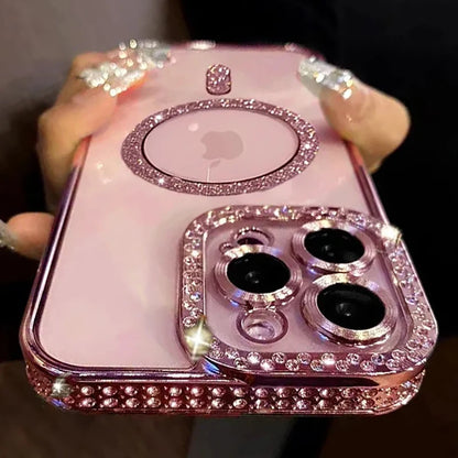 Glitter Diamond Clear Magnetic iPhone Case - Transparent Bumper Cover with Wireless Charging Support for iPhone 12–18 Pro Max & Plus