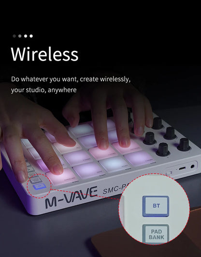 M-VAVE SMC-PAD Wireless MIDI Controller – Portable Percussion Keyboard with USB-C Interface, Compact MIDI Pad for Music Production