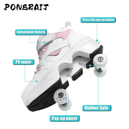 Women's High-Top 4-Wheel Roller Shoes – Fashionable Unisex Pop-Up Sneakers with Wheels, Dual-Purpose Skating & Casual Shoes