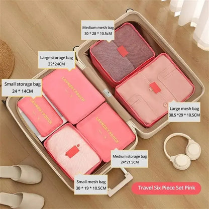 6 Pcs/Set Travel Storage Bag: Pink/Blue/Grey Large Capacity Waterproof Luggage Clothing Underwear Storage with Zipper