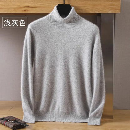 Men's Pure Mink Velvet Cashmere Sweater - High Lapel Long Sleeve Knitted Winter Luxury Pullover Top