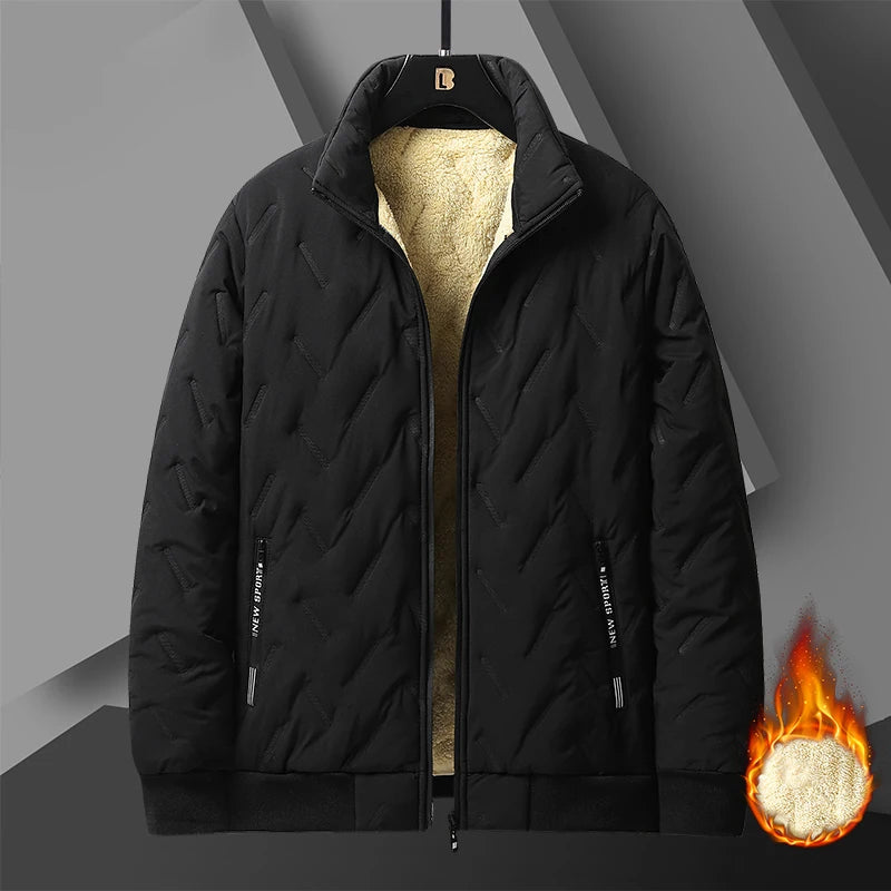 2025 Men’s Plus Size Winter Jacket – Wool-Look Stand Collar Cotton-Padded Windproof Outdoor Coat with Velvet
