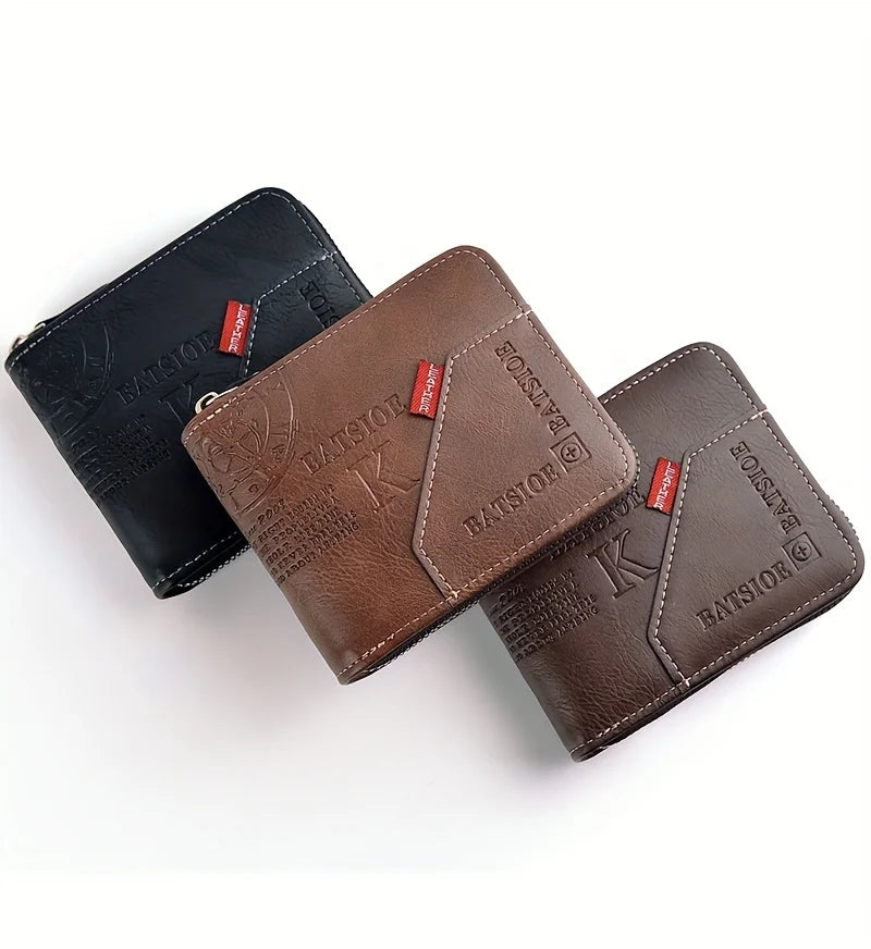 Men’s PU Leather Wallet – Wax Oil Skin Short Purse with Zipper, Coin Pocket & Card Holder