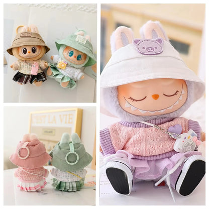 17cm Labubu Doll Clothes Set - Macaron Doll Outfit with JK Pleated Skirt, Camera & Shoes