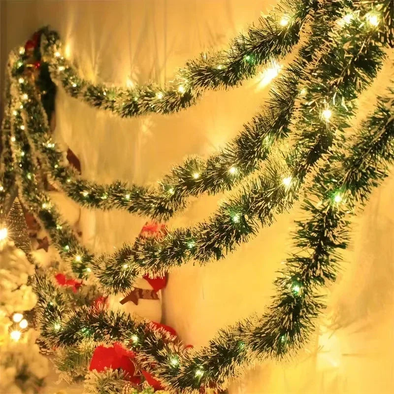 2M Christmas Tinsel Garland with LED Lights – Metallic Twist Artificial Xmas Hanging Decoration