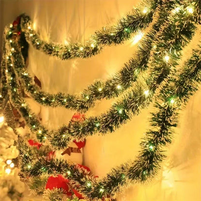 2M Christmas Tinsel Garland with LED Lights – Metallic Twist Artificial Xmas Hanging Decoration
