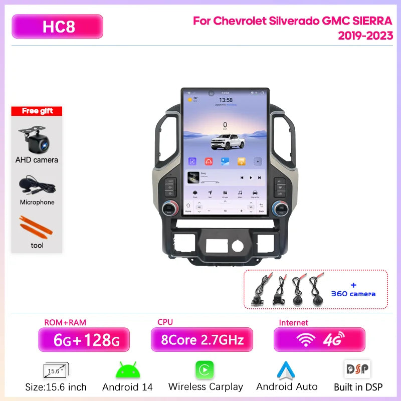 15.6" Car Multimedia Player - GPS Navigation, CarPlay, Android Auto, 4G & WiFi for Chevrolet Silverado & GMC Sierra 2019-2023