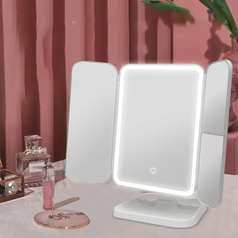 Tri-Fold LED Makeup Mirror with Smart Complementary Lighting - Beauty Light for Dorms, Dressing Rooms, and More