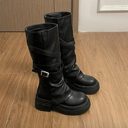 Vintage Thick Heel Women’s Knee-High Boots – Slip-On Fashion Booties for Autumn & Winter