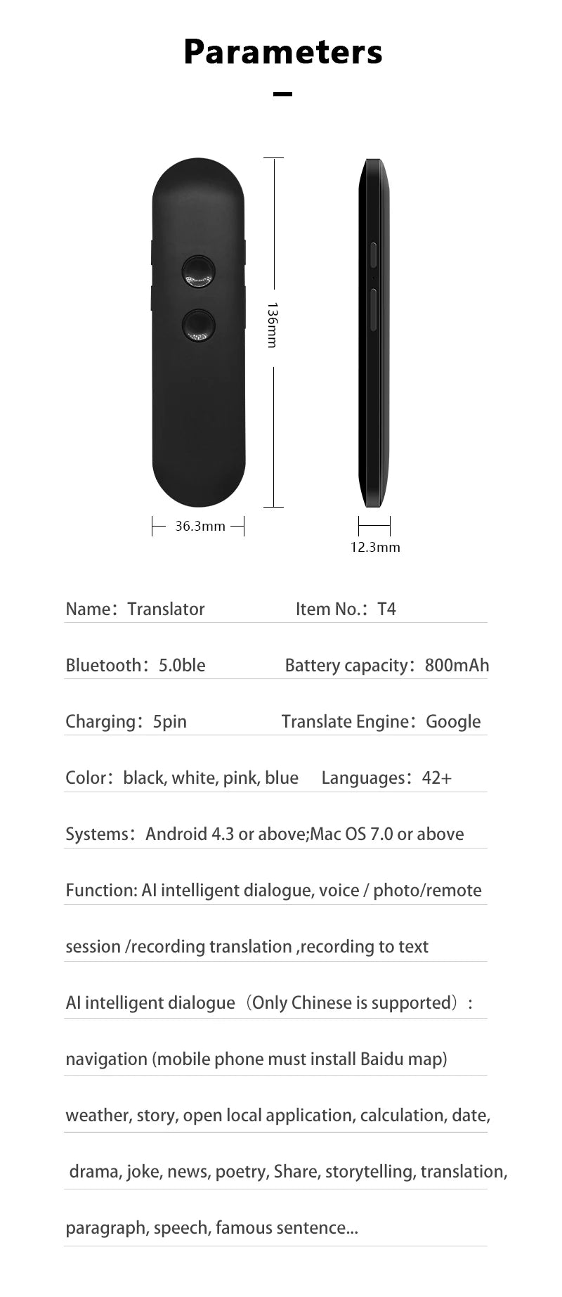 2024 T4 Portable Wireless Smart Translator - Two-Way Instant Voice Translation in 40 Languages, Bluetooth Multi-Language App