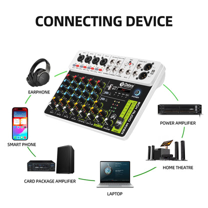 Debra V8 8-Channel Audio Mixer – Bluetooth & USB Mixer with 48V Phantom Power, Delay/Repeat Effects for PC Recording & Sound Console