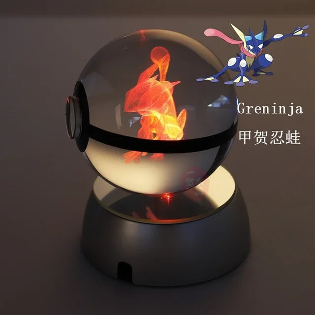 Anime Pokemon 3D Crystal Ball – Snorlax & Charizard Engraved Pokeball Figure with LED Light Base, Kids Gift