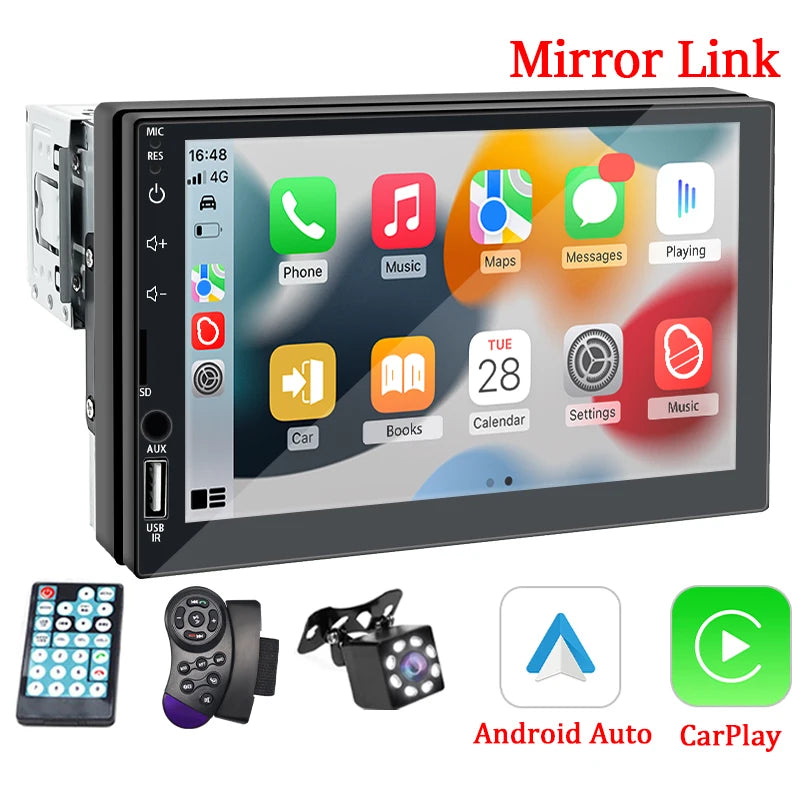 1DIN 7" HD Car Radio – CarPlay Android Auto Multimedia Player with Touchscreen, FM, AUX, Bluetooth & MirrorLink Universal Autoradio