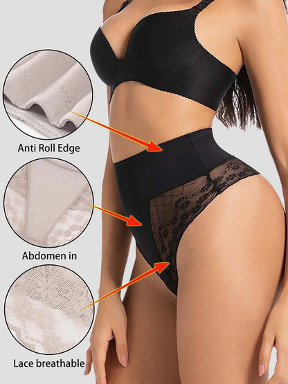 Women’s High-Waist Tummy Control Shapewear - Lace Slimming Body Shaper Briefs with Flat Belly Support and Thong Design