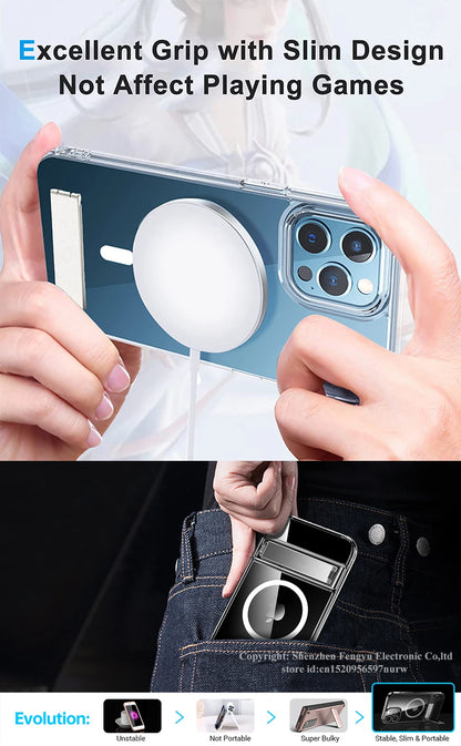Clear Magnetic Phone Case with Kickstand for iPhone 16, 15, 14, 13, 12, 11 Mini – MagSafe Compatible, Wireless Charging Back Cover