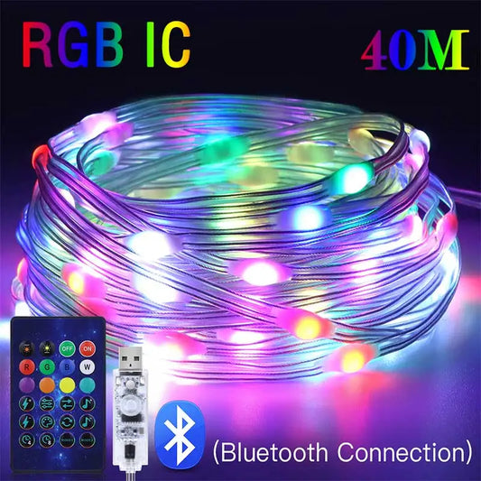 40M RGB LED String Lights - Smart Bluetooth Music Outdoor Fairy Lights with IP65 Waterproof Holiday Party Lighting