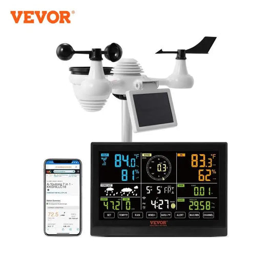 VEVOR 7-in-1 Wi-Fi Weather Station - 7.5" Color Display, Solar Wireless Outdoor Sensor with Temperature & Humidity Alarm Alerts