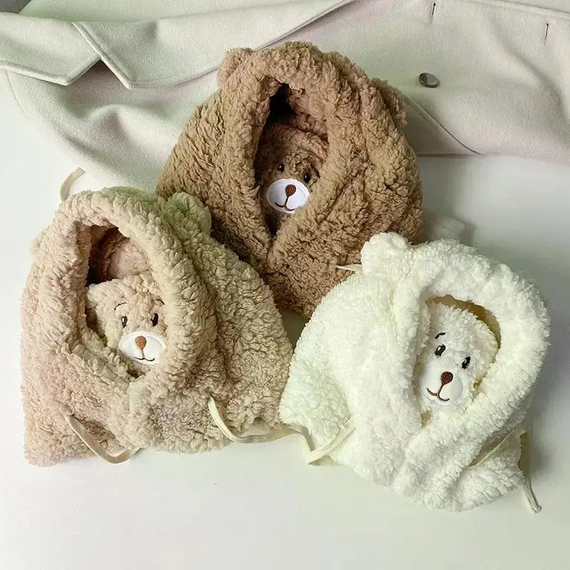 Winter Cartoon Bear Lamb Hat with Mask – Thickened Warm Beanie with Ear Protection for Women & Girls