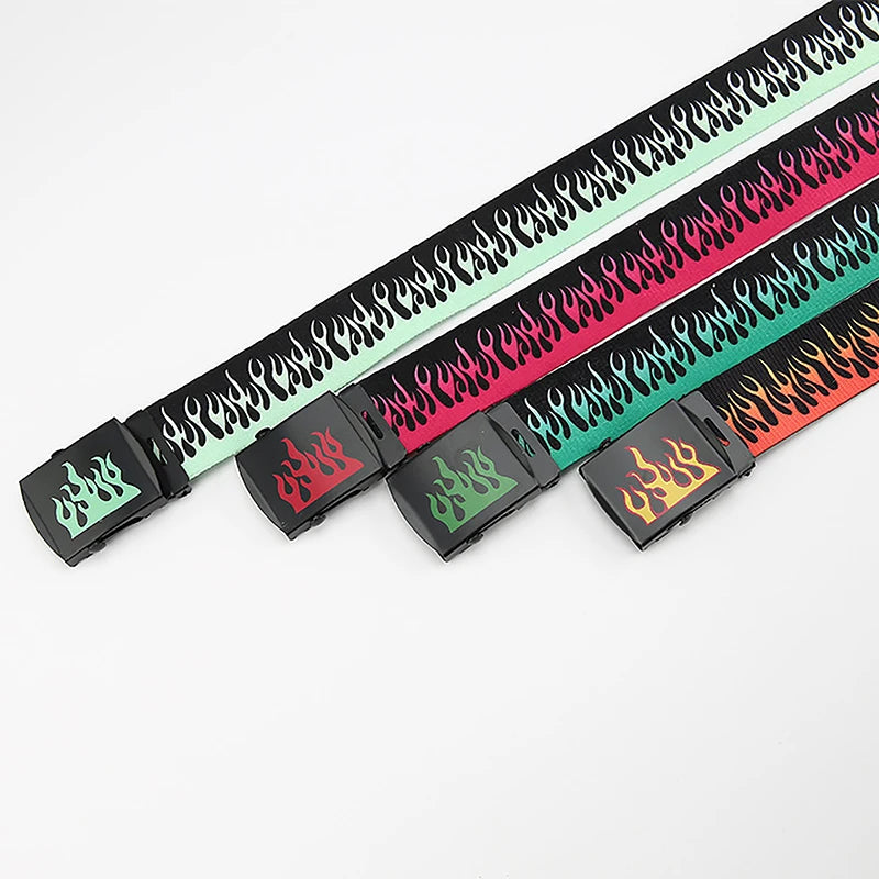 Hip Hop Fashion Canvas Belt – Personalized Flame Design, Casual & Punk Cowboy Belt for Men & Women