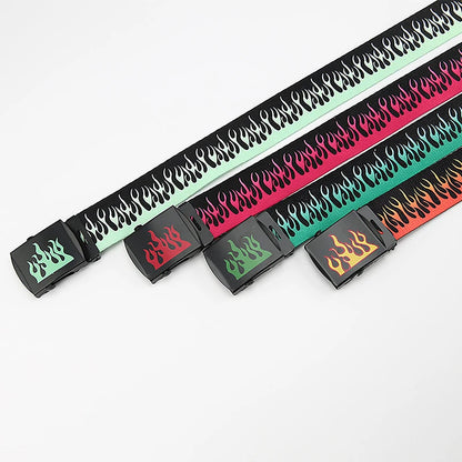 Hip Hop Fashion Canvas Belt – Personalized Flame Design, Casual & Punk Cowboy Belt for Men & Women