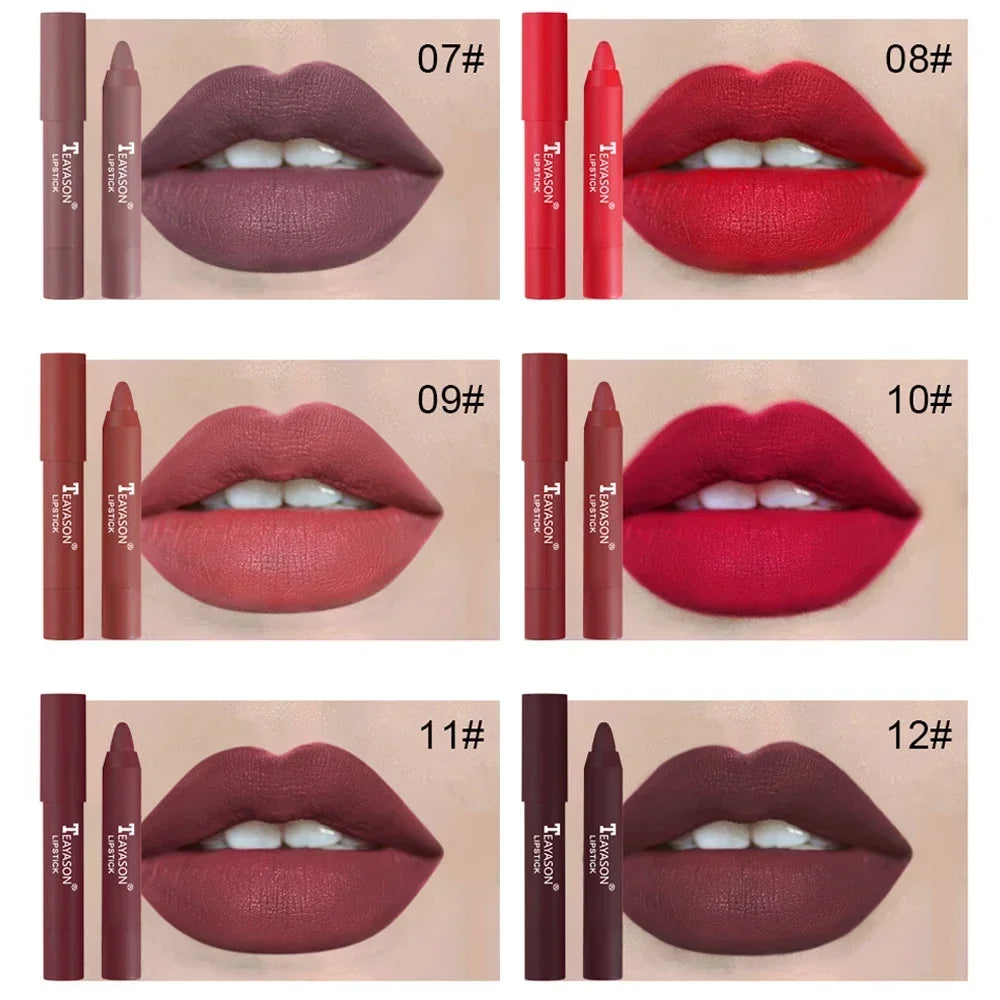 12-Color Natural Matte Lipstick Pencil – Silk Lip Glaze Waterproof, Long-Lasting Sexy Lip Tint Makeup