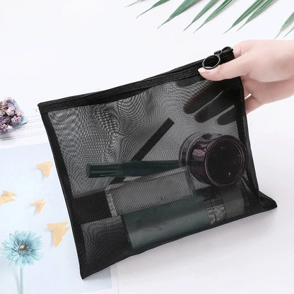 Transparent Mesh Zipper Cosmetic Bag – Fashionable Black Toiletry Organizer, Small & Large Makeup Pouch for Women
