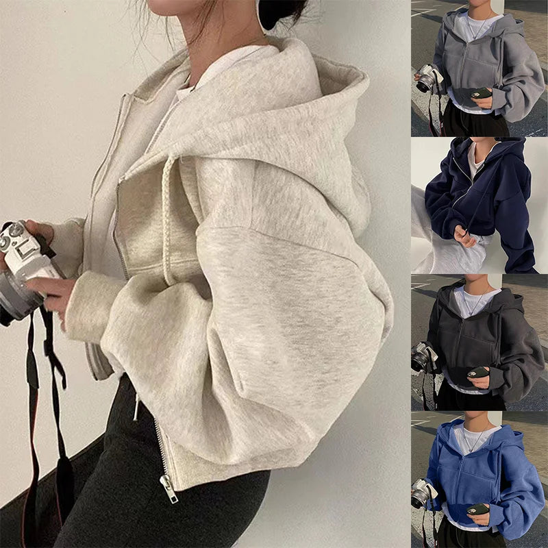 Women's Fleece-Lined Cropped Hoodie - Slim-Fit Zip-Up Sweatshirt for Warm Spring & Autumn Wear