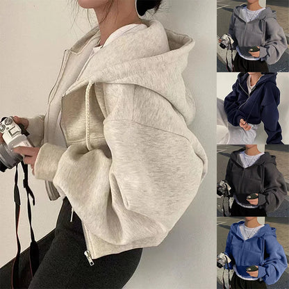 Women's Fleece-Lined Cropped Hoodie - Slim-Fit Zip-Up Sweatshirt for Warm Spring & Autumn Wear