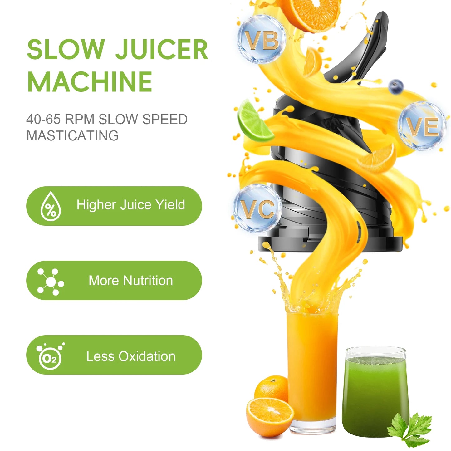 BioloMix Cold Press Juicer — 130mm Feed Chute, Whole Fruit & Veg, High Yield BPA-Free Slow Masticating Juicer