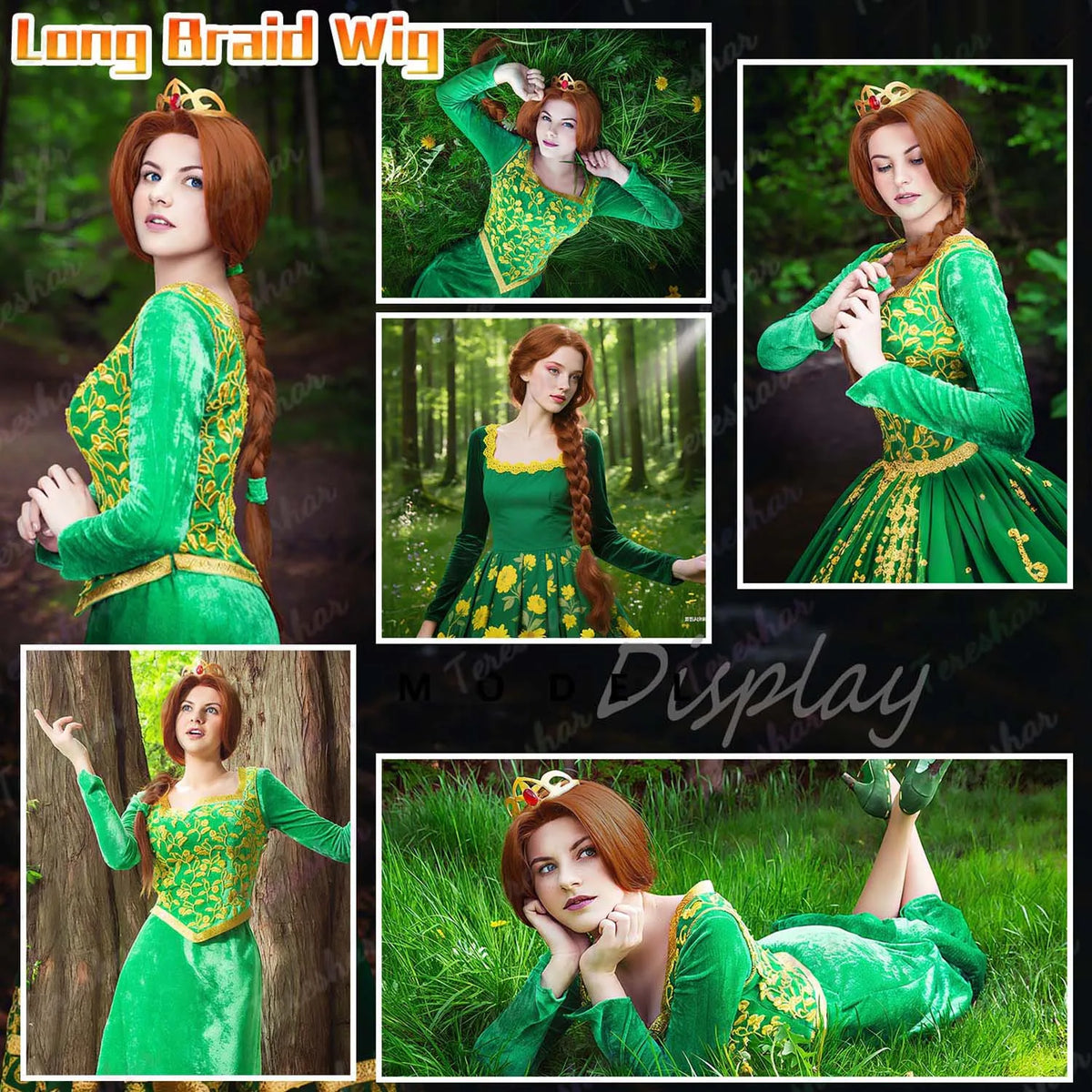 Fiona Princess Long Braided Wig - Reddish Brown Synthetic Hair for Halloween Cosplay & Parties