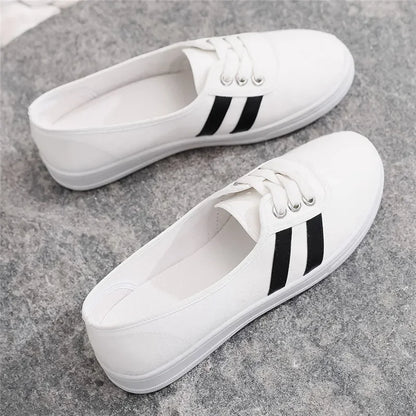 Lady Classic Round Toe White Canvas Shoes | Comfortable Lace-Up Street Sneakers for Students