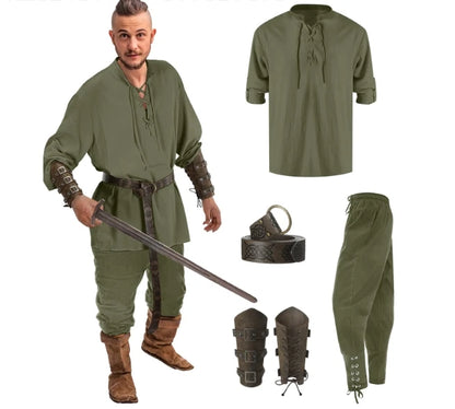 Jiuguva 4-Pcs Halloween Men's Renaissance Costume Set – Medieval Pirate Shirt, Ankle Banded Pants & Viking Belt Accessories