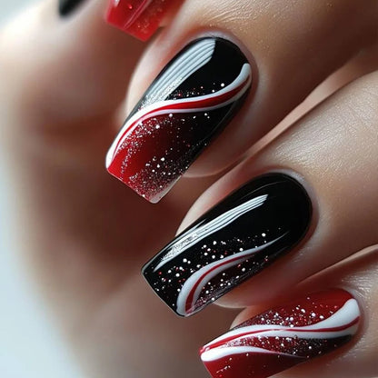 24pcs Blue Golden Stripe Press-On Nails Shiny Powder Long Square Full Cover False Nail Tips Wearable Love Design