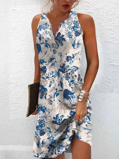 2023 Women's Summer Boho Mini Dress – Vintage Floral Print, V-Neck, Sleeveless Button, Plus Size Vestidos