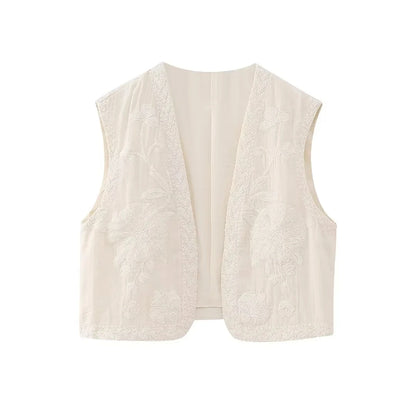 KEYANKETIAN Women's Vintage Floral Embroidered Open Waistcoat – National Style Vest Jacket, Casual Vacation Crop Top