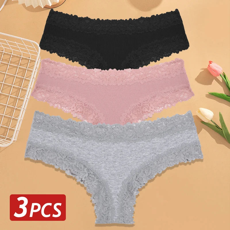 3PCS Women’s Cotton Lace Panties Set - Low Waist Brazilian Bikini Underwear Soft Floral Lingerie T-Back Style