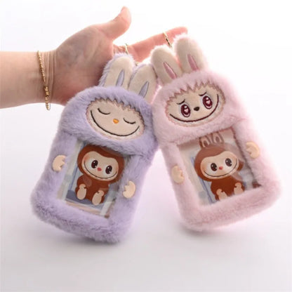 Kawaii Labubu Fluffy ID Card Keychain – Cartoon Sliding Card Holder for Students, Meal & Bus Cards, Cute Photo Album Gift for Kids