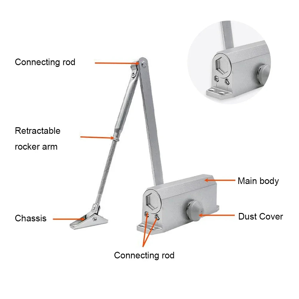 25-85KG Hydraulic Automatic Door Closer - Adjustable Speed, Positioning Door Stop & Protective Holder Hardware (1PCS)