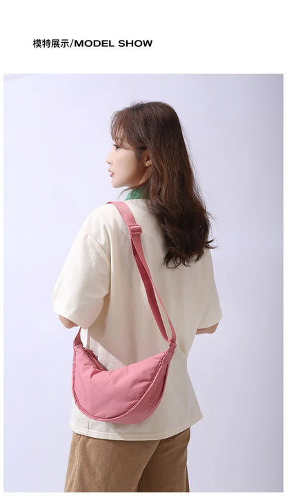 Solid Color Women's Portable Shoulder Bag – Simple Nylon Cloth Padded Crossbody Travel Purse & Messenger Bag